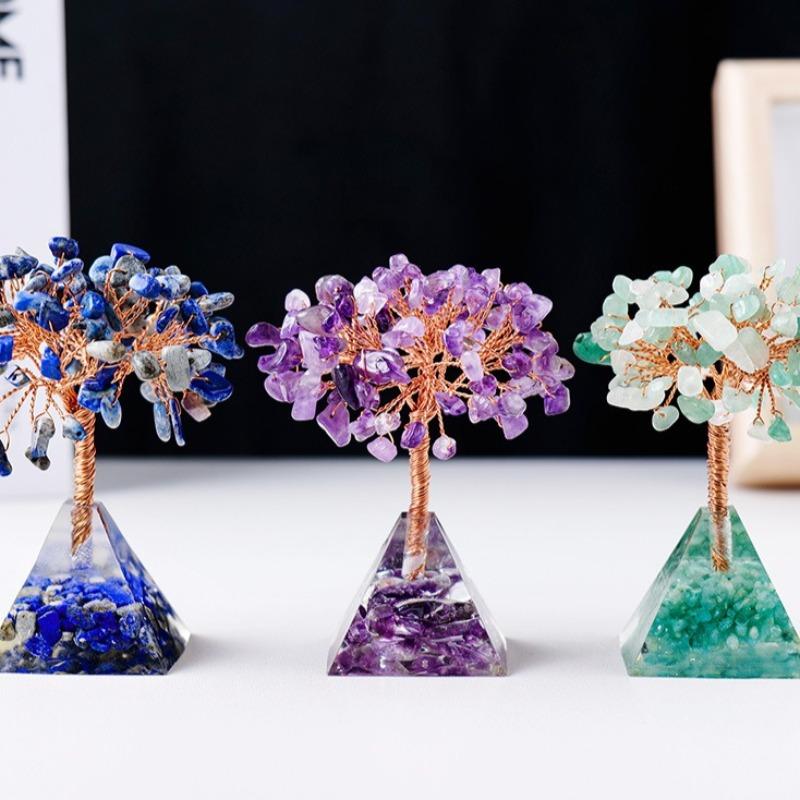 Natural Crystal Chip Money Tree Resin Pyramid Base Home Living Room Decor Ornament Desk Feng Shui Wealth Gift Idea Decoration