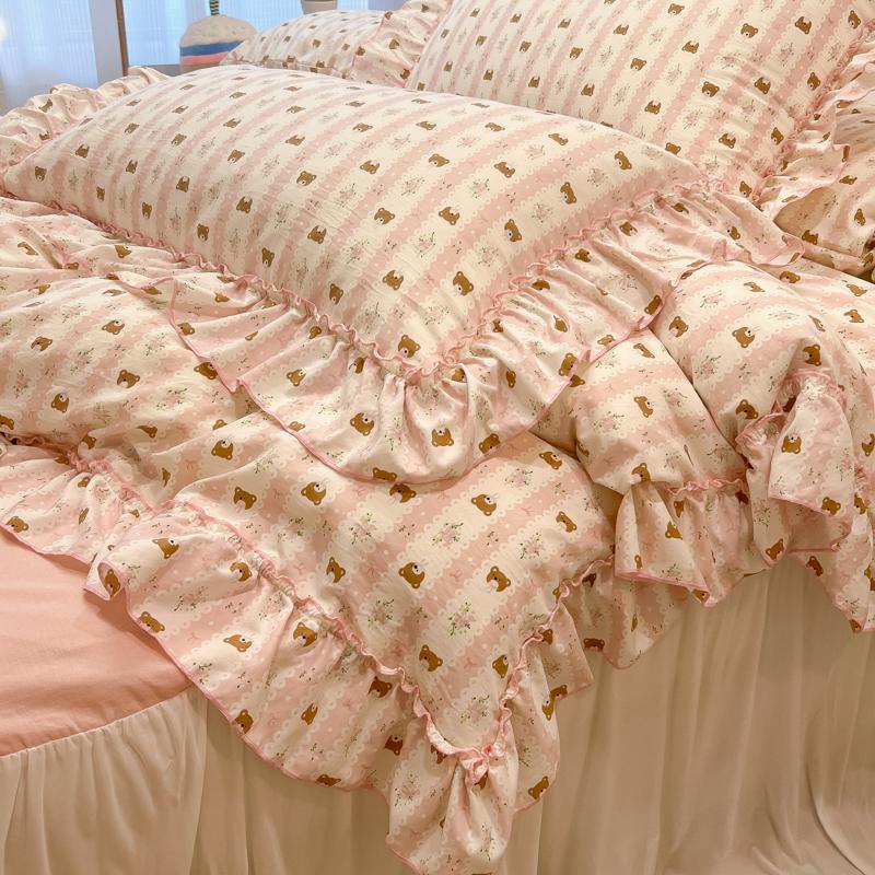 3/4Pc Korean Princess Style Floral Ruffles Bedding Set Single Queen Size Soft Skin-friendly Washed Cotton Duvet Cover Pillowcase