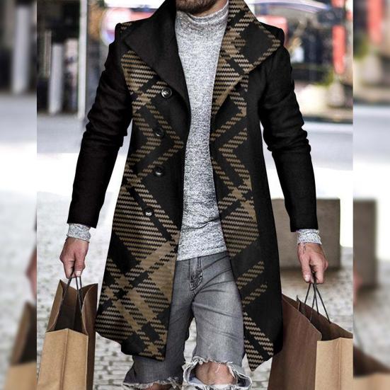 Lapel Long Sleeves Pockets Single-breasted Men Windbreaker Autumn Winter Mid-Length Plaid Patchwork Thickened Woolen Coat