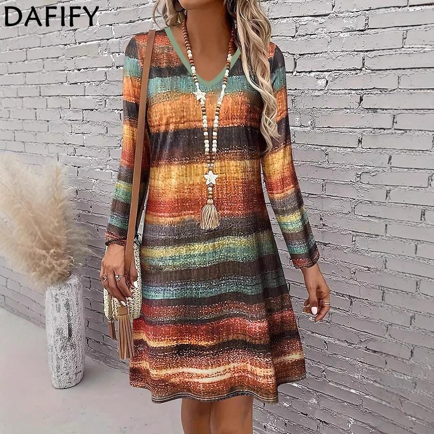 DAFIFY Women's Fashion Spring Fall Colour Block Print Long Sleeve V-Neck Loose Waistline Casual Dresses