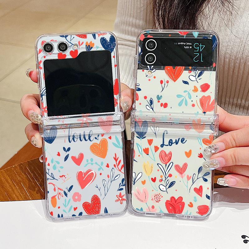 

3 шт., красивый чехол для телефона с цветочным принтом для Samsung Galaxy Z Flip5 Flip4 Flip3, противоударный тонкий прозрачный жесткий складной чехол с милым сердечком Samsung Z Flip5