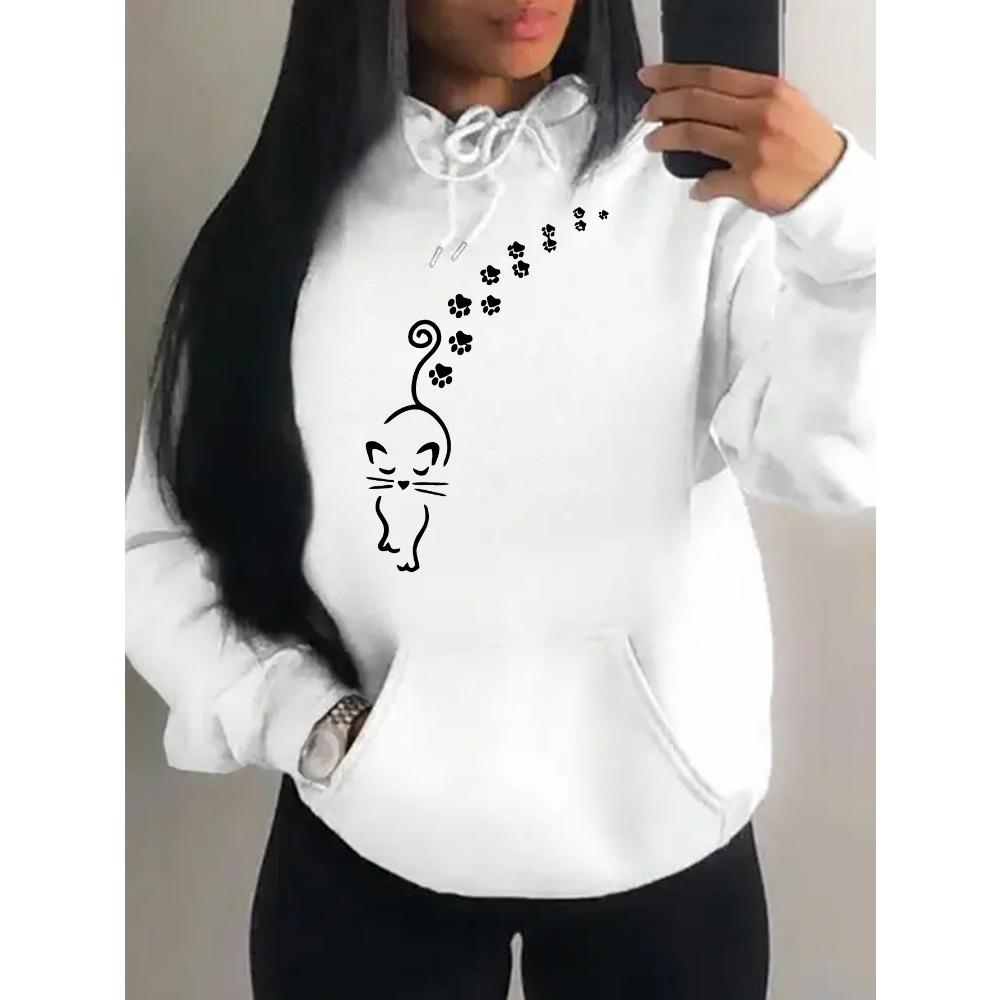 Cats And Footprints Creative Design Female Sweatshirt Hip Hop Pocket Hoodies Creativity Warm Pullover Street Style Fleece
