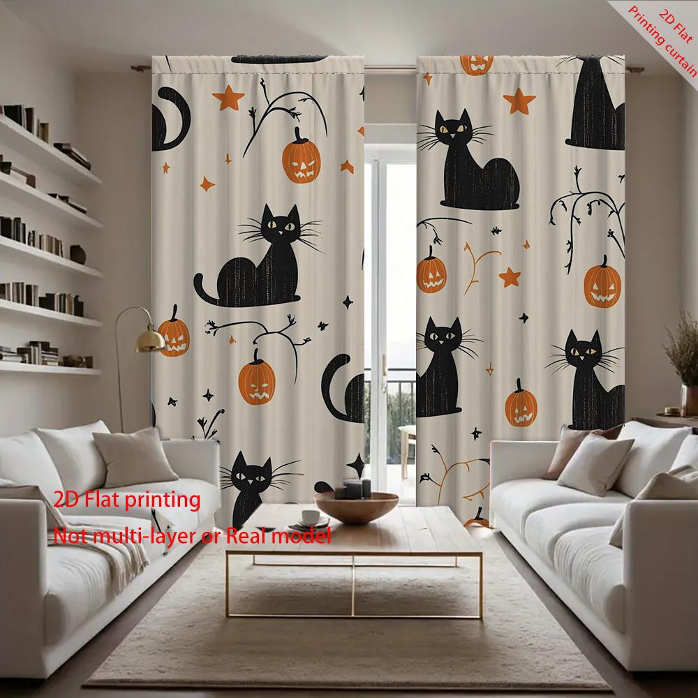 2PC Home Halloween Pumpkin Cat Ghost Pattern Digital Printed Curtains with Landscape Background and Pole Bag Curtains, Kitchen,