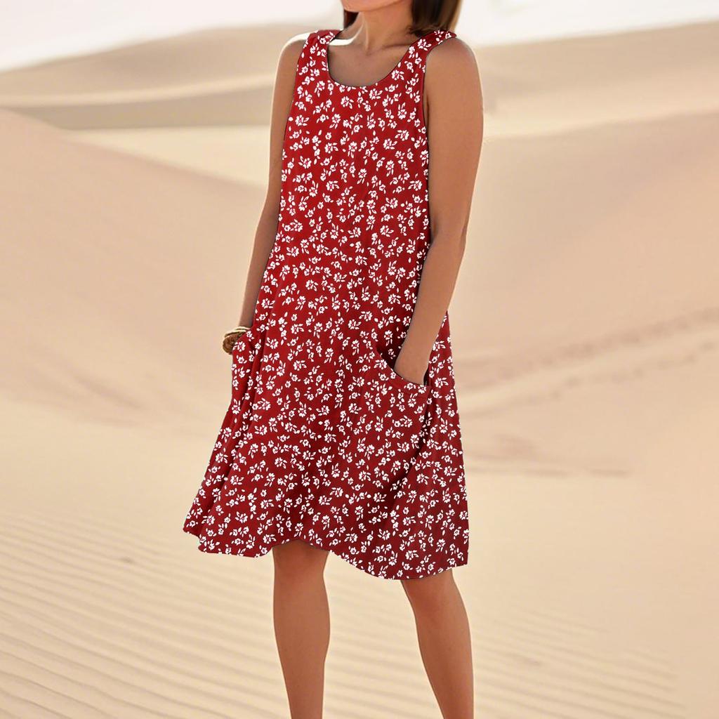 Women's Casual Summer Floral Print Sleeveless Pocket Dress