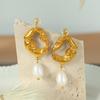 French 18k Gold Plated Hollow Lava Irregular Earrings Freshwater Pendant Premium Earrings