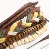 1 Set Wrap Bracelets for Men Women, String Cords Wood Beads Ethnic Tribal Bracelets, Leather (4Pcs)