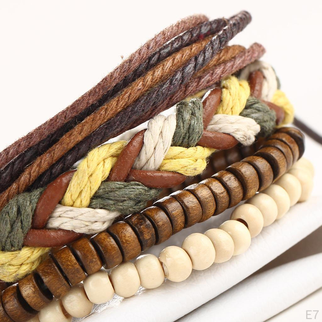 1 Set Wrap Bracelets for Men Women, String Cords Wood Beads Ethnic Tribal Bracelets, Leather (4Pcs)