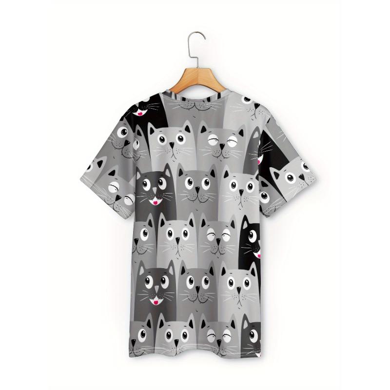 Summer fashion women s short sleeved round neck top cartoon cat pattern digital printed T-shirt S