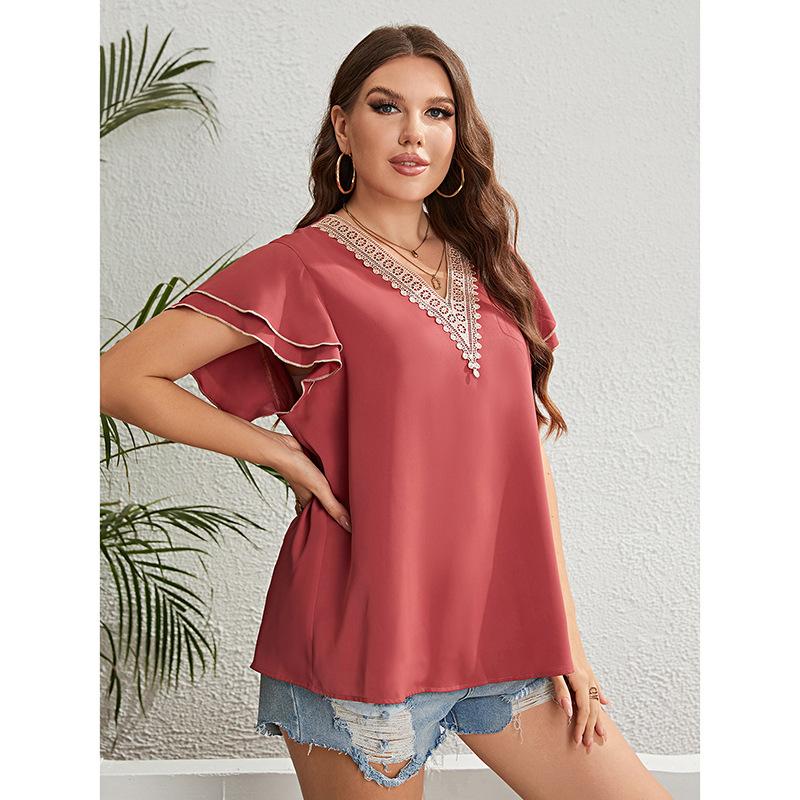 Letnia koszula damska plus size z koronką, dekolt V, luźna, z krótkim rękawem