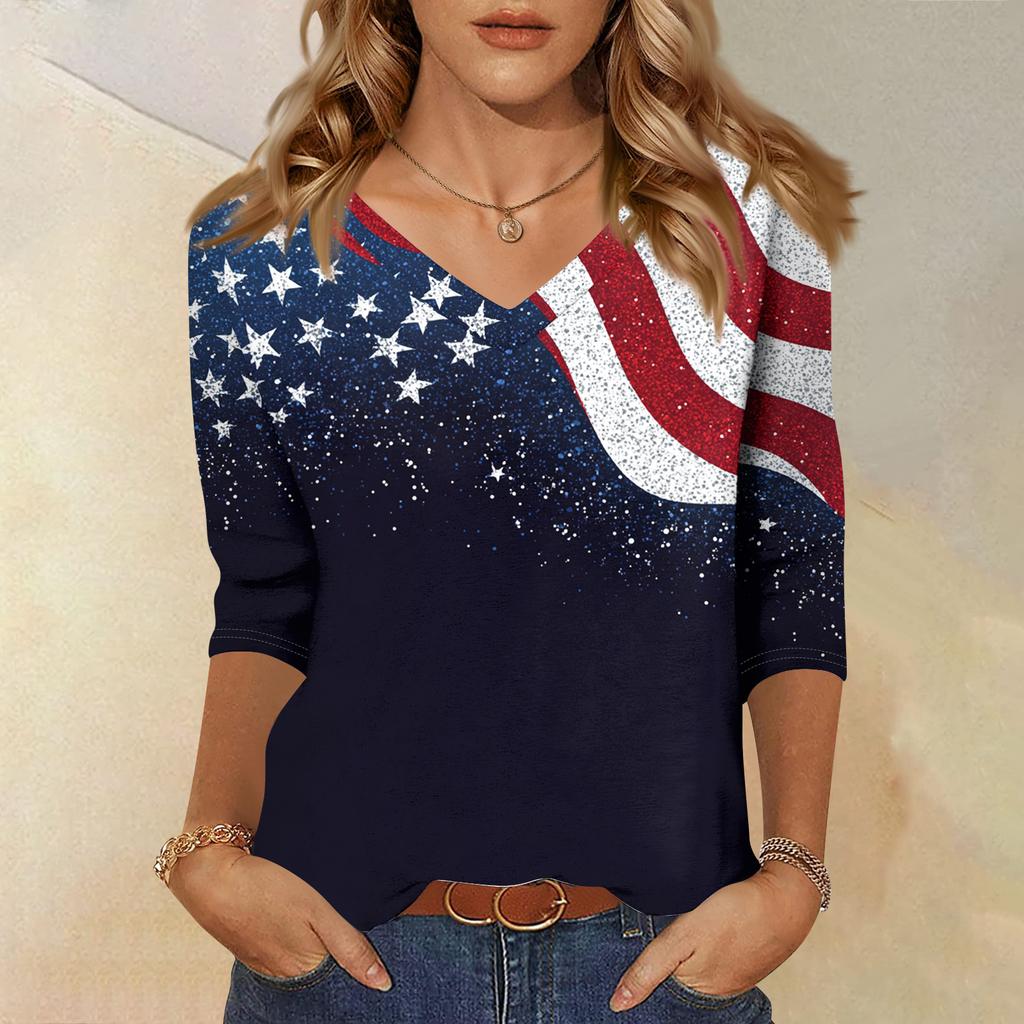 Women's Tops Three-quarter Sleeve Shirt V-neck Loose Casual Shirt Print T-shirt