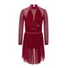 Girls Rhinestones Lyrical Dress Long Sleeve Mock Neck Cutout Back Side Split Sheer Mesh Ruched Costume