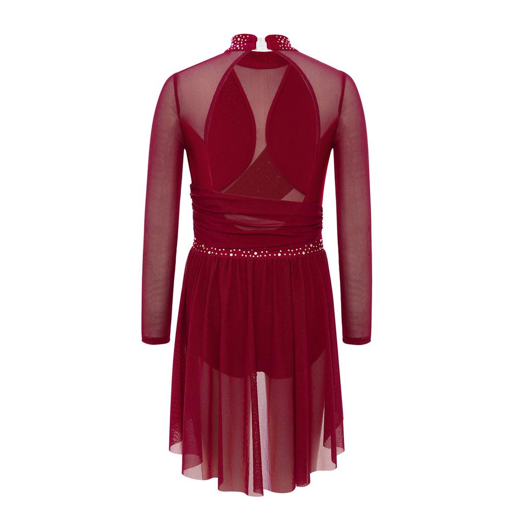 Girls Rhinestones Lyrical Dress Long Sleeve Mock Neck Cutout Back Side Split Sheer Mesh Ruched Costume