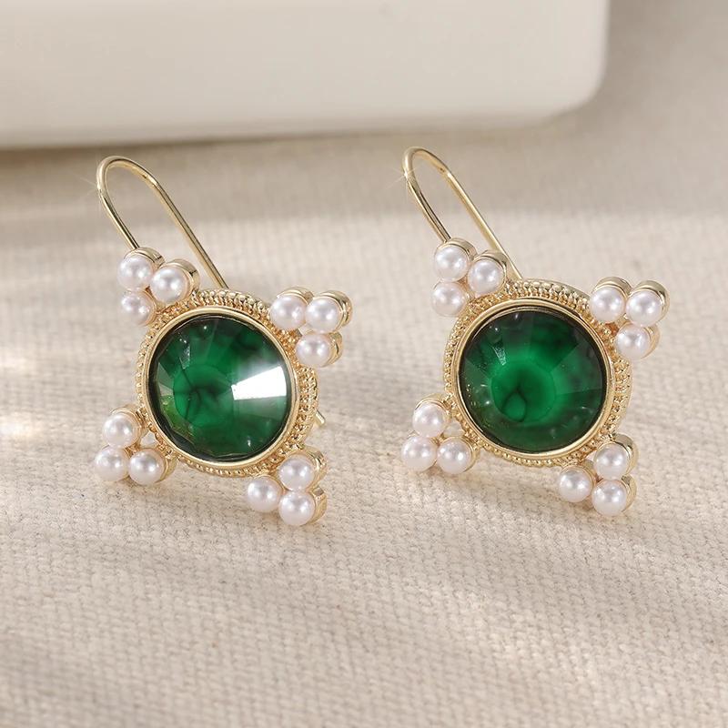 Vintage Red and Green Synthetic Zirconia Imitation Pearl Dangle Earrings for Women Exquisite Banquet Pendant Jewelry Accessories