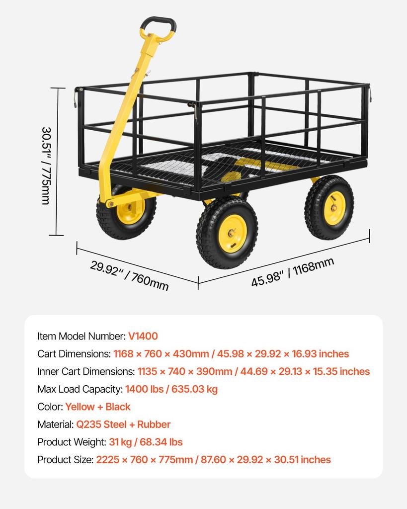 VEVOR Steel Garden Cart, 635 Kg Heavy Duty Pullable Garden Wagon Yard Cart