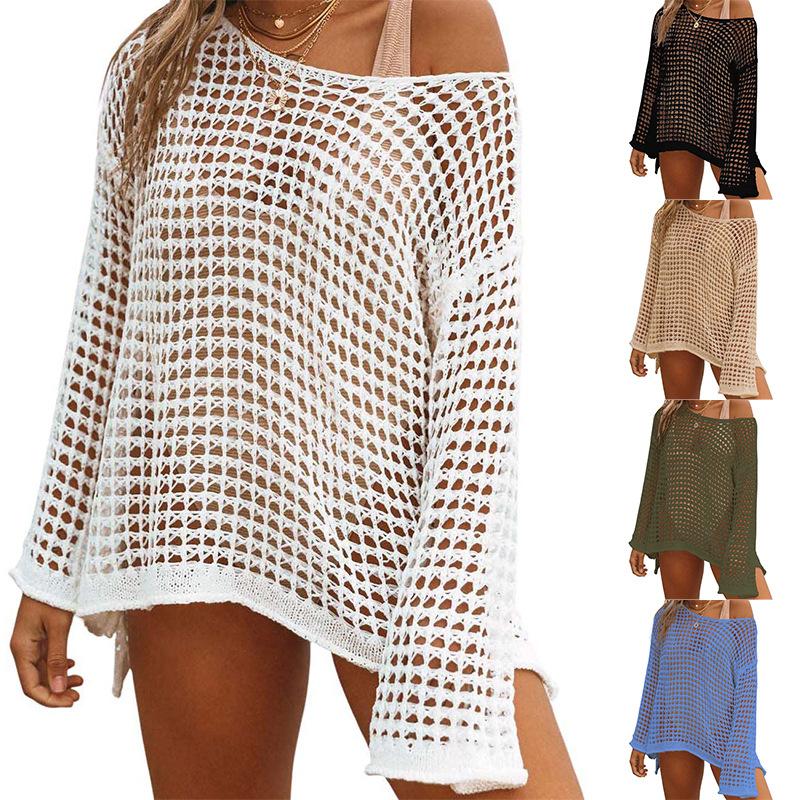 2026 Лето Сексуальный Пляжный Купальный Полый Вырезной Солнцезащитный Вязаный Свитер Женская Блузка Куртка S белый