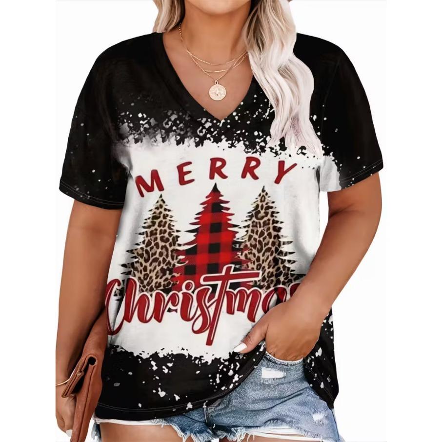 XL-7XL Plus Size Women's Men Christmas Casual 3D Print Loose V Neck Short Sleeved T-shirt Top
