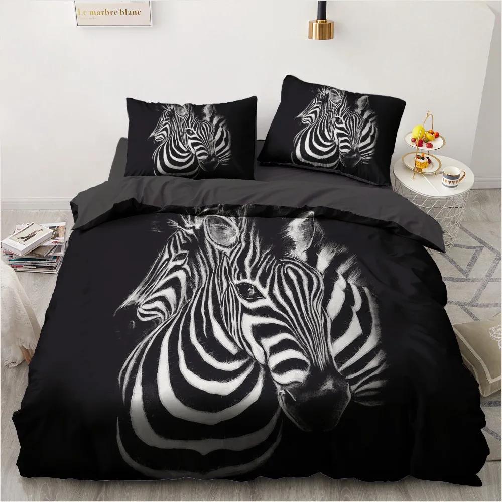 Zebra King Queen Duvet Cover Colorful Animal Bedding Set For Teens Adults Savanna Creatures Black 2/3Pcs Polyester Quilt Cover
