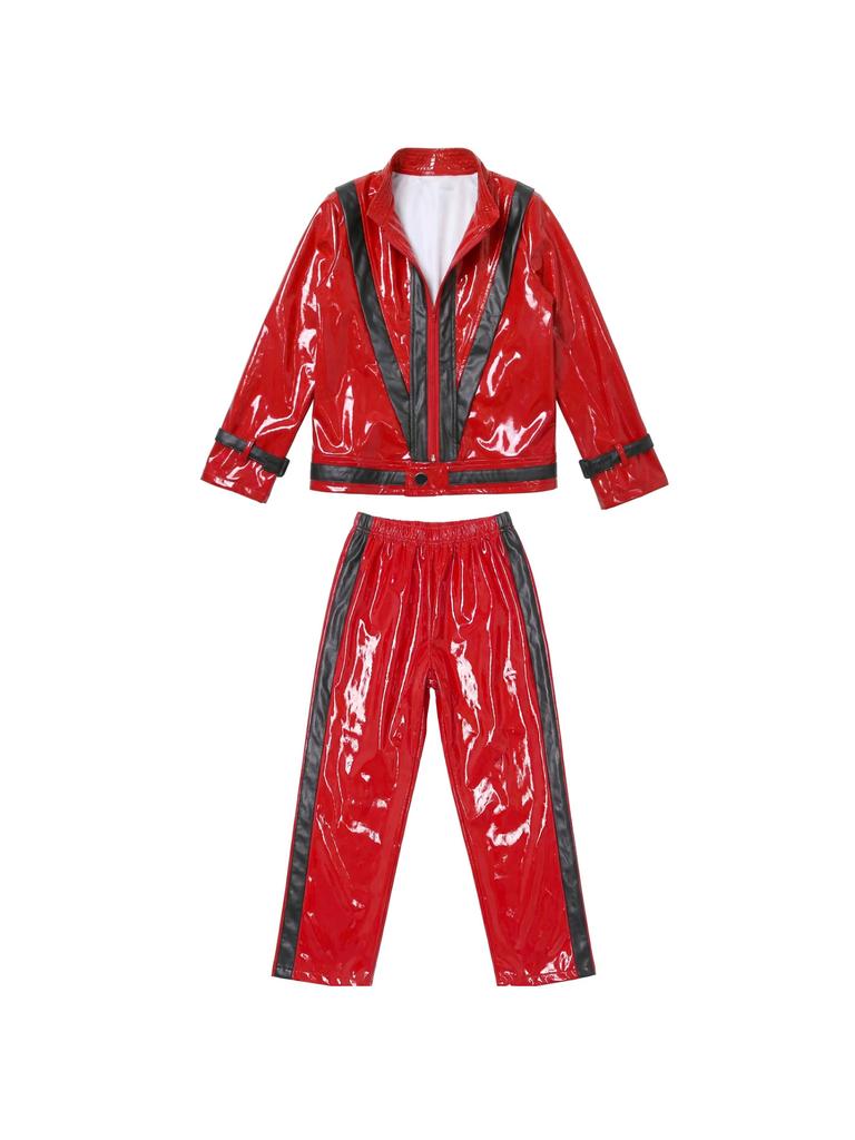 Costume Bambino Michael Jackson Rosso Nero Pelle Outfit Ragazzi Tuta da Palco Halloween Travestimento