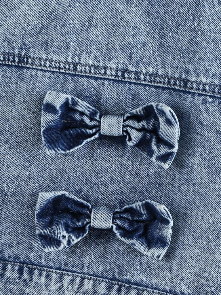 Girls' 2-Piece Casual Outfit: Cute & Comfortable Snowflake-Wash Denim Shirt-Jacket with Large Bow Collar and Loose Straight-Leg Jeans