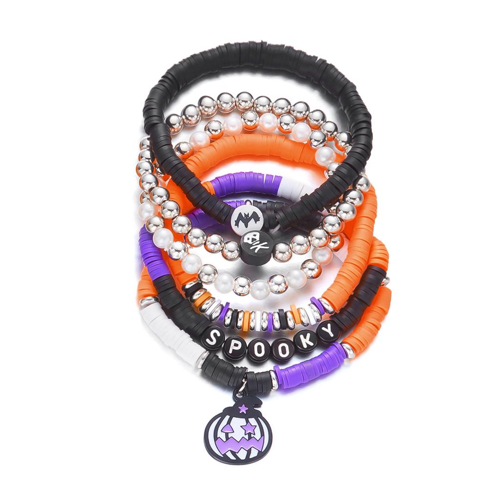 Halloween Gothic Skull Bat Bracelets for Women Handmade Polymer Clay Beaded Pumpkin Pendant Bracelet Party Jewelry Accessories