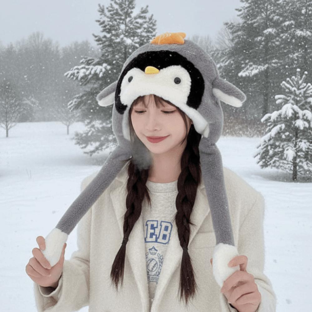 Windproof Fluffy Pullover Hat Cartoon Warm Lei Feng Cap Sweet Penguin Ear Moving Hat  Girls