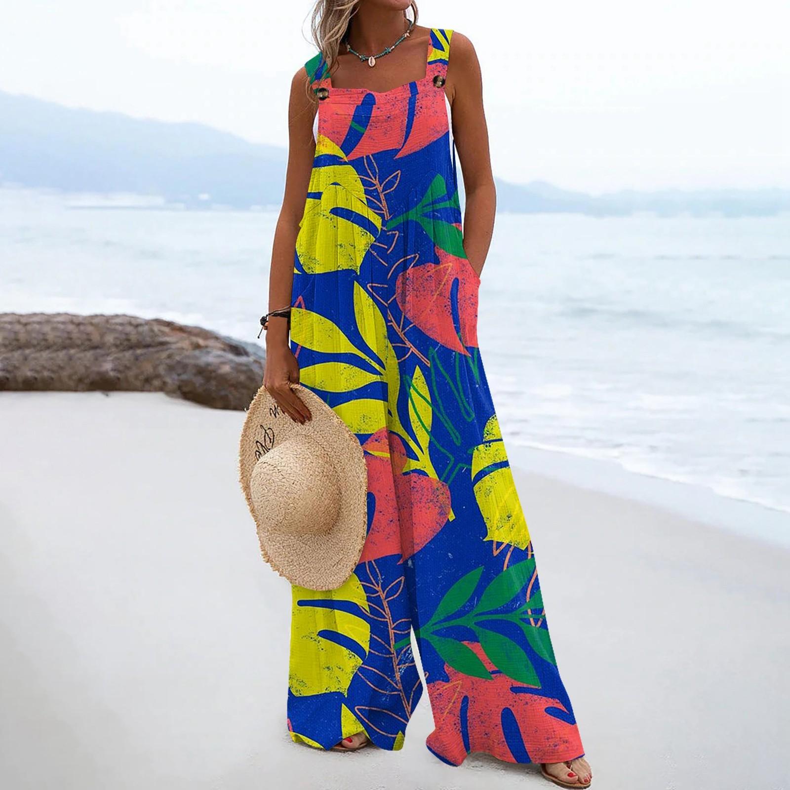Женские комбинезоны, повседневные комбинезоны с широкими штанинами и принтом, комбинезоны без рукавов с карманами, наряды XXL синий