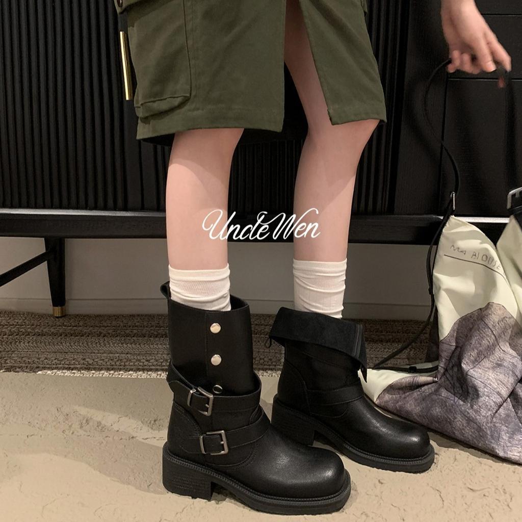 Cowhide Edition~ Genuine Leather Black Martin Boots Women's Thick Heel Round Head Medium Boots Belt Buckle Spice Girls Vintage Western Boots