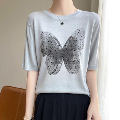 Fashionable Age-reducing Bow Short-sleeved T-shirt Top for Women's Summer Thin Loose Loose Slimming and Slimming Meat Tennis Knitted Sweater