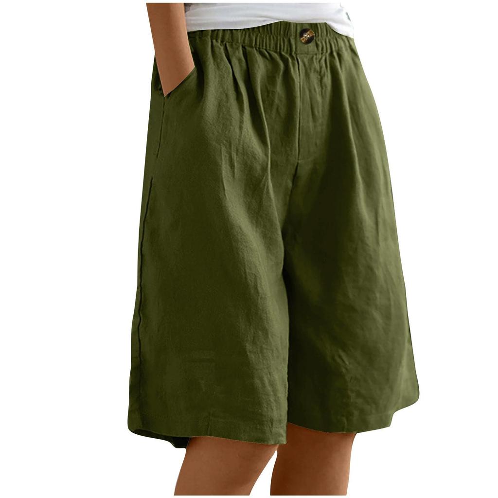 Female Summer Solid Color Simple Cotton Linen Shorts Button High Waist Loose Five Pants