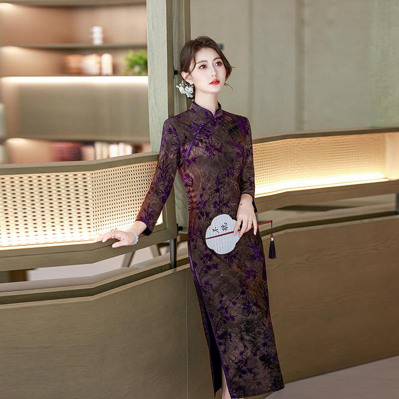 Purple National Style New Chinese Suzhou Long-sleeved Autumn Improved Cheongsam 1011 New Women's High-end Spring and Autumn Mother Outfit