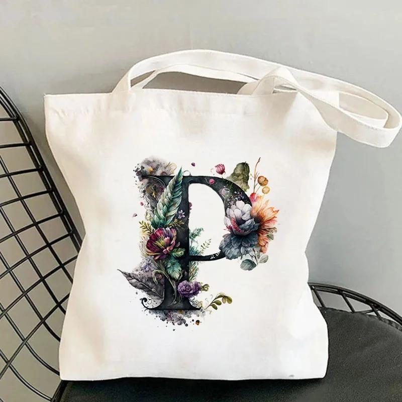 26 Black Alphabet Flower Tote Bags For Women Large Capacity Canvas Casual New Shopping Printed Reusable Handbag Eco Bag Large