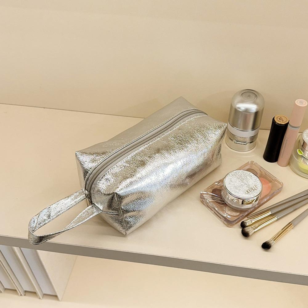 Fashion Shiny Makeup Bag Large Capacity Multi-Purpose Toiletries Skincare Storage Bag Handheld Solid Color Pencil Case Travel
