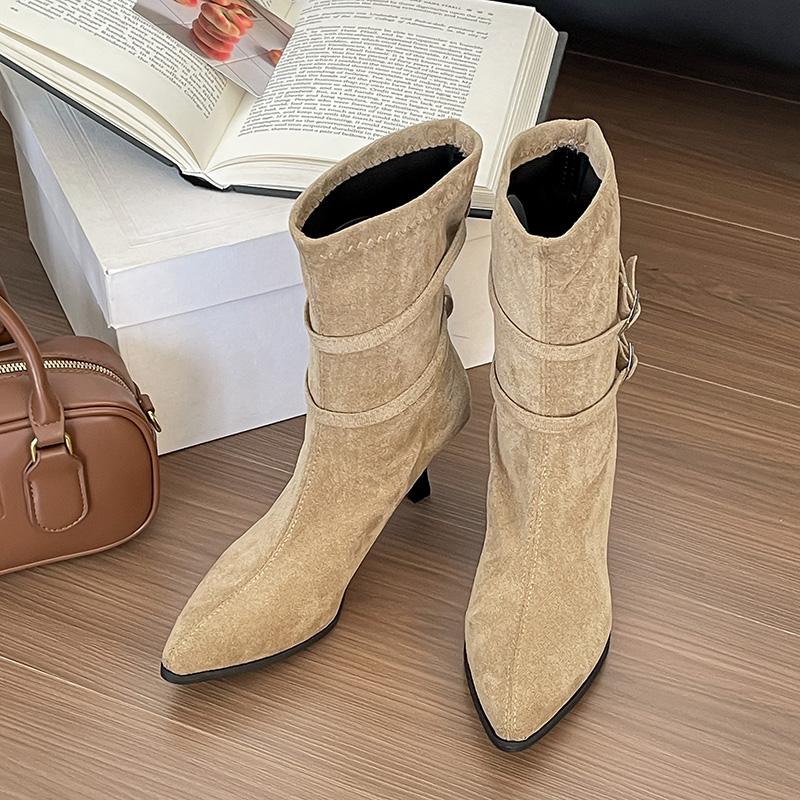 Fashion Autumn Winter Fashion Pointed Toe Women Faux Suede Mid-calf Boots Night Club High Heels Party Stripper Female Shoes