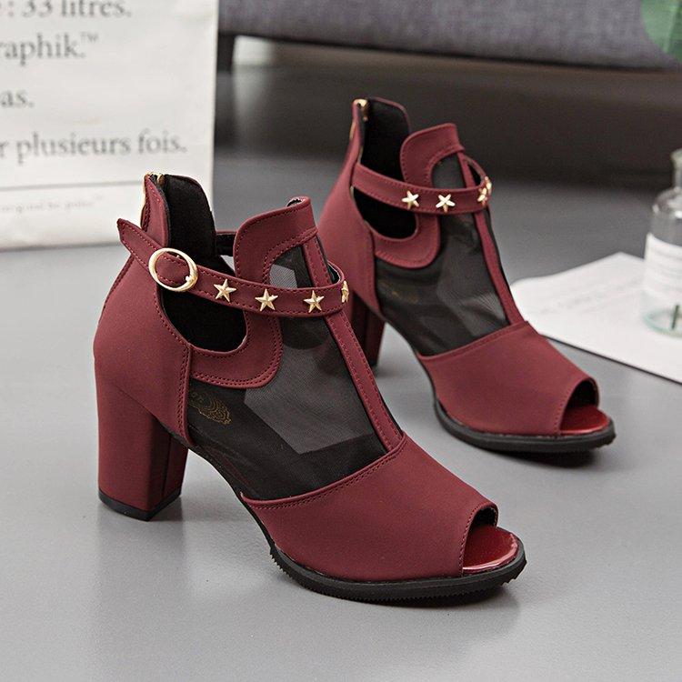 

Босоножки Женские Весенне-осенние Женская обувь Универсальный Средний каблук Рыбий рот Сетка Летние Толстый каблук Высокие каблуки 38 бордовый