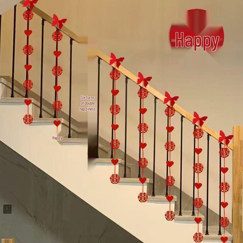 Wedding Room Decoration Set: Stair Handrail Decor with Double Happiness Characters and Streamers.