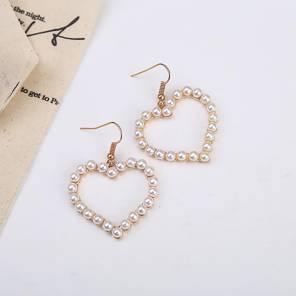Love Heart Statement Earrings Alloy Faux Pearl Dangle Chain Hook Ear Drop Jewelry Gift for Women