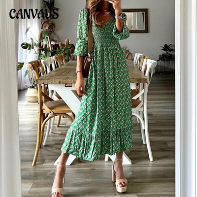 Primavera e outono vestido feminino moda feminina com decote em v vestido longo cintura floral impresso vestido de balanço