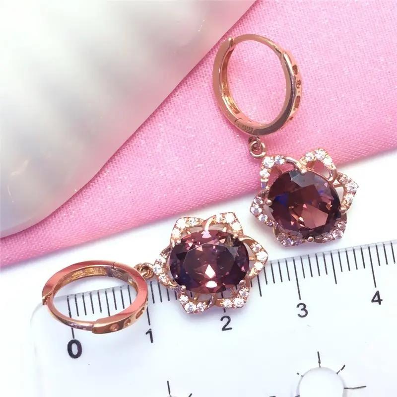 585 Purple Gold Plated 14K Rose Gold Inlaid Light Amethyst Flower Earrings for Women Classic Luxury Engagement Wedding Jewelry