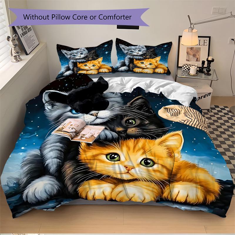 3pcs Three Cute Kittens Under a Starry Night Sky Pattern Bedding Three-Piece Set, This Printed Bedding Set Is Soft and Comfortable