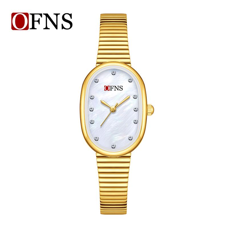 OFNS Luxury Women's Watch: Mother-of-Pearl Dial, Quartz, Diamond Accents, Waterproof, Elegant Office Accessory.