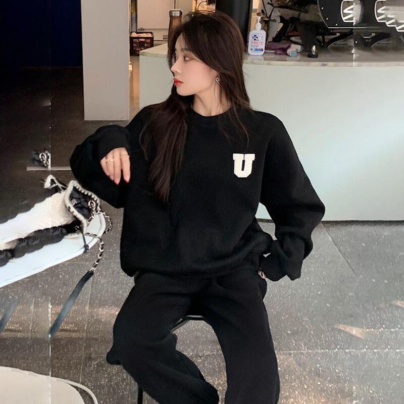 Frauen Einfarbig Langarm O-Ausschnitt Hoodies Anzug Herbst Winter Lose Top Breite Bein Hosen