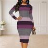 Women Plus Size Round Neck Long Sleeve Striped Printed Purple Grey Bodycon Midi Dress
