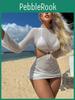 Sleeve Long Sheer Coverup Mesh Micro Bikini Female Swimsuit Women Swimwear Threepieces Bikini Set Bathing Suit Swim Beach Wear