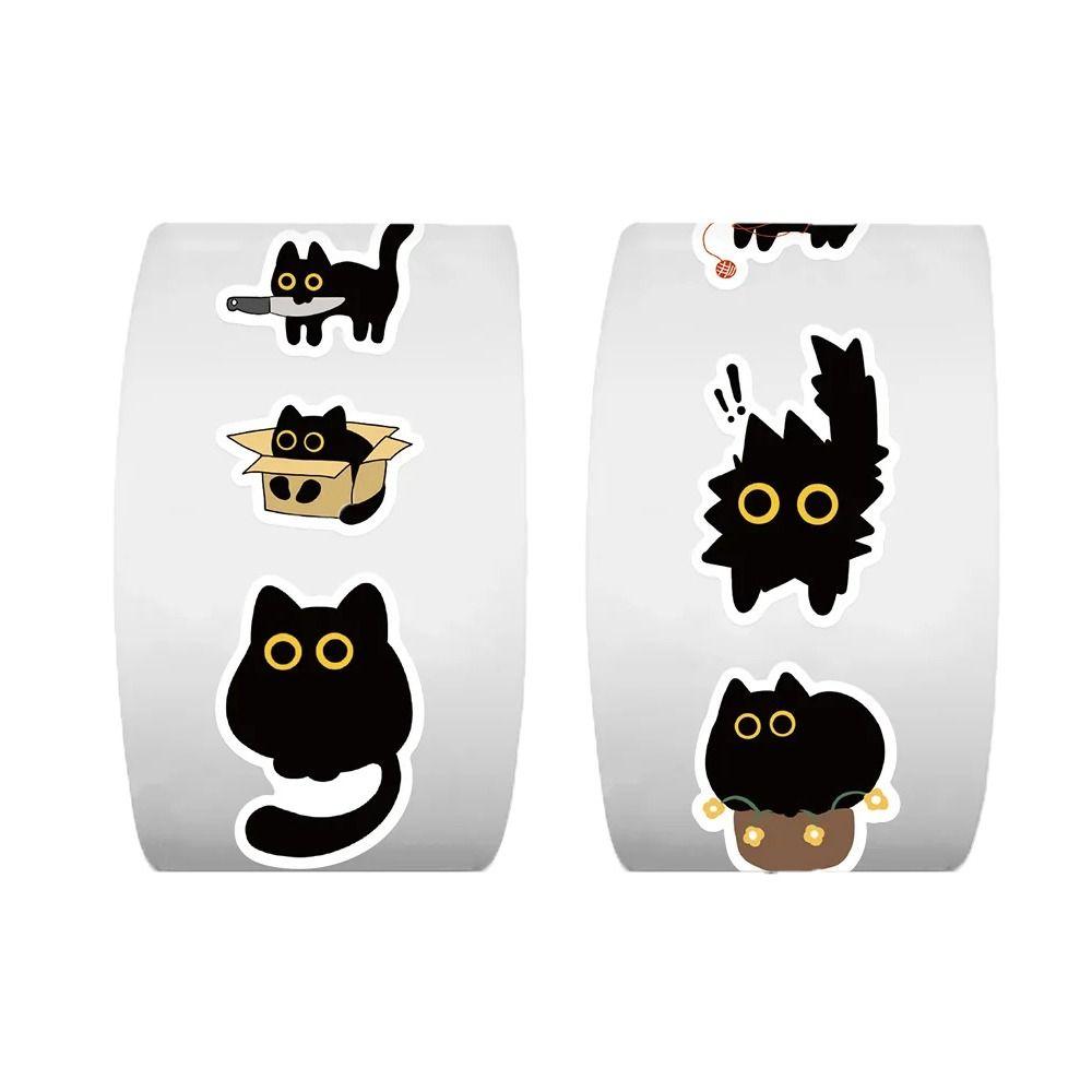 500Pcs/Roll Self-adhesive Cat Stickers Cartoon Graffiti Stickers Black Cat Stickers  Stationery