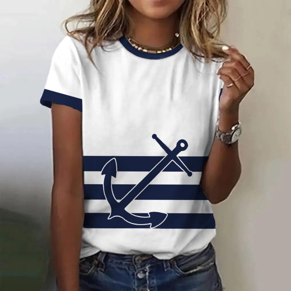 T-shirt da Donna con Stampa 3D di Ancora per Barca Estiva, Maglietta Casual da Donna a Maniche Corte, T-shirt alla Moda con Scollo a O, Top Harajuku, Abbigliamento Femminile