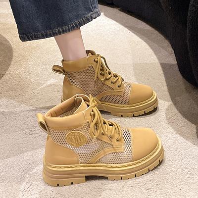 Atmungsaktive Mesh-Frühlingsstiefeletten für Damen, modische gelbe Reißverschluss-Schnürschuhe, Freizeitschuhe für Damen, flache Plateau-Damenstiefel