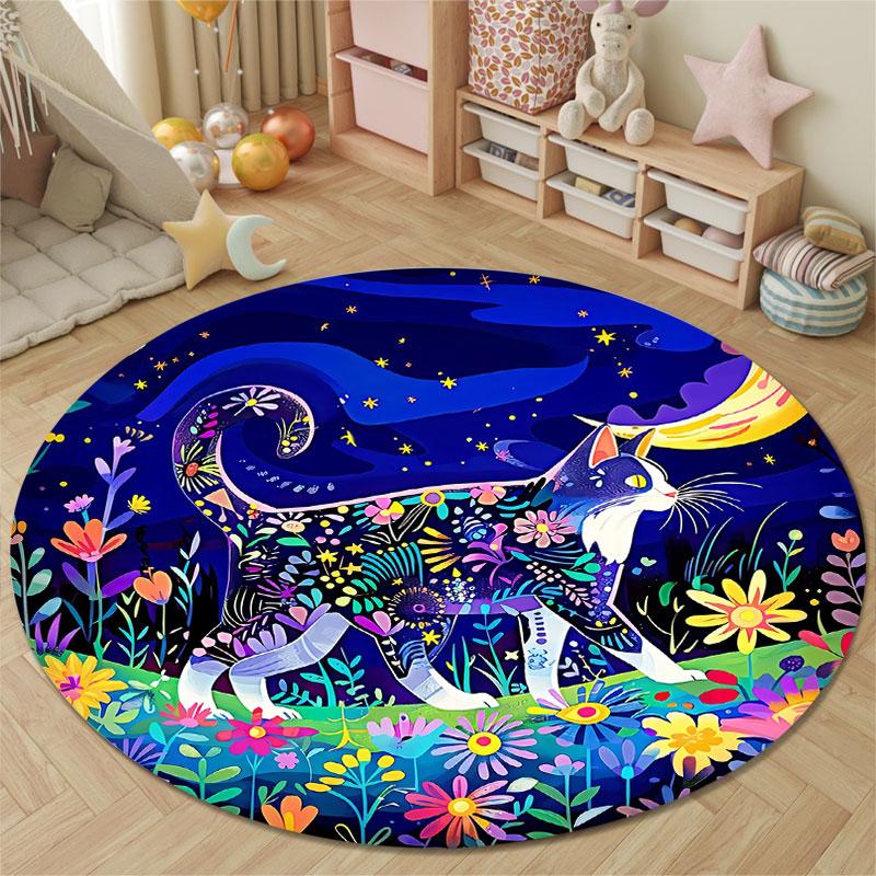 Handmade Style Round Moon Multicolor Floor Rug, Non-Slip Floor Mat for Nursery