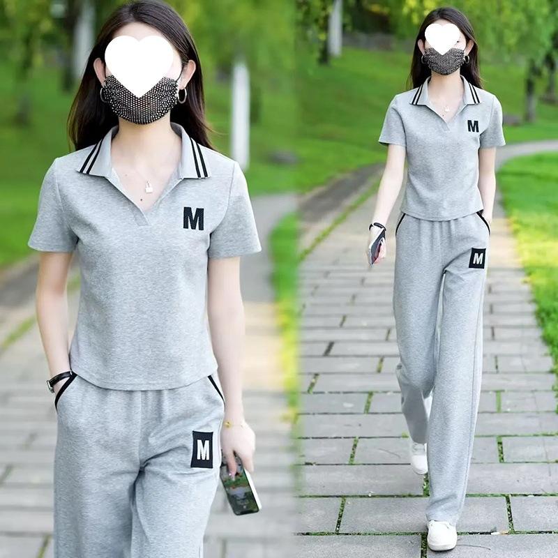 Casual Sportswear Set for Women - Summer Fashionable, Youthful, Short-sleeved, Straight-leg Pants That Slim The Figure and Hide Fat, A Two-piece Set.