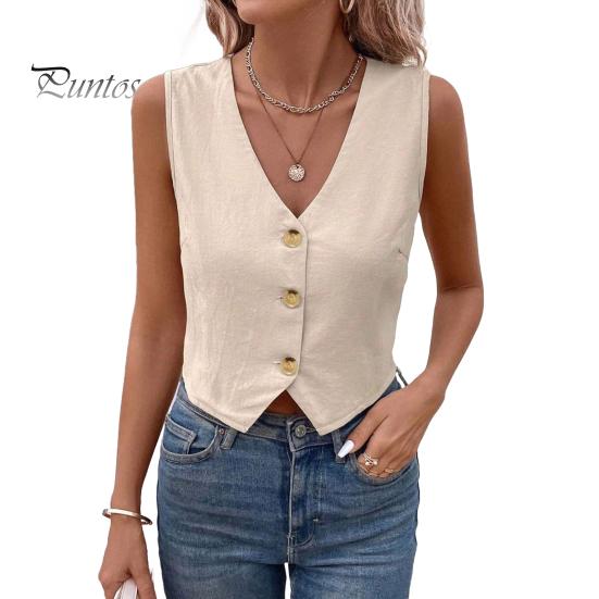 Versatile V-neck Vest Women's Sleeveless Top V Neck Button Down Crop Stylish Tank Summer Going Out Waistcoat Casual Business Shirt Retro-inspired for