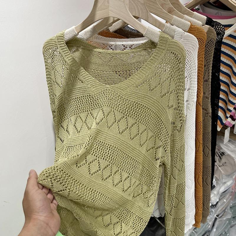 Spring Thin Long Sleeve Hollow Casual Knitted Sweater Women Elegant Solid Fashion Loose Pullover Sweaters Women Summer New Slim Simple Knitwear 26590